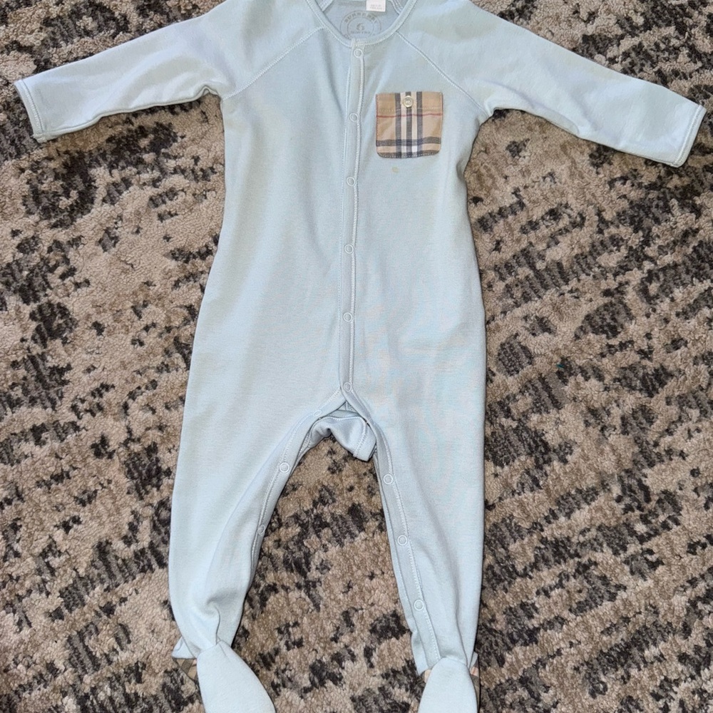 Burberry Light Blue Footie with Checkered Pocket And Feet